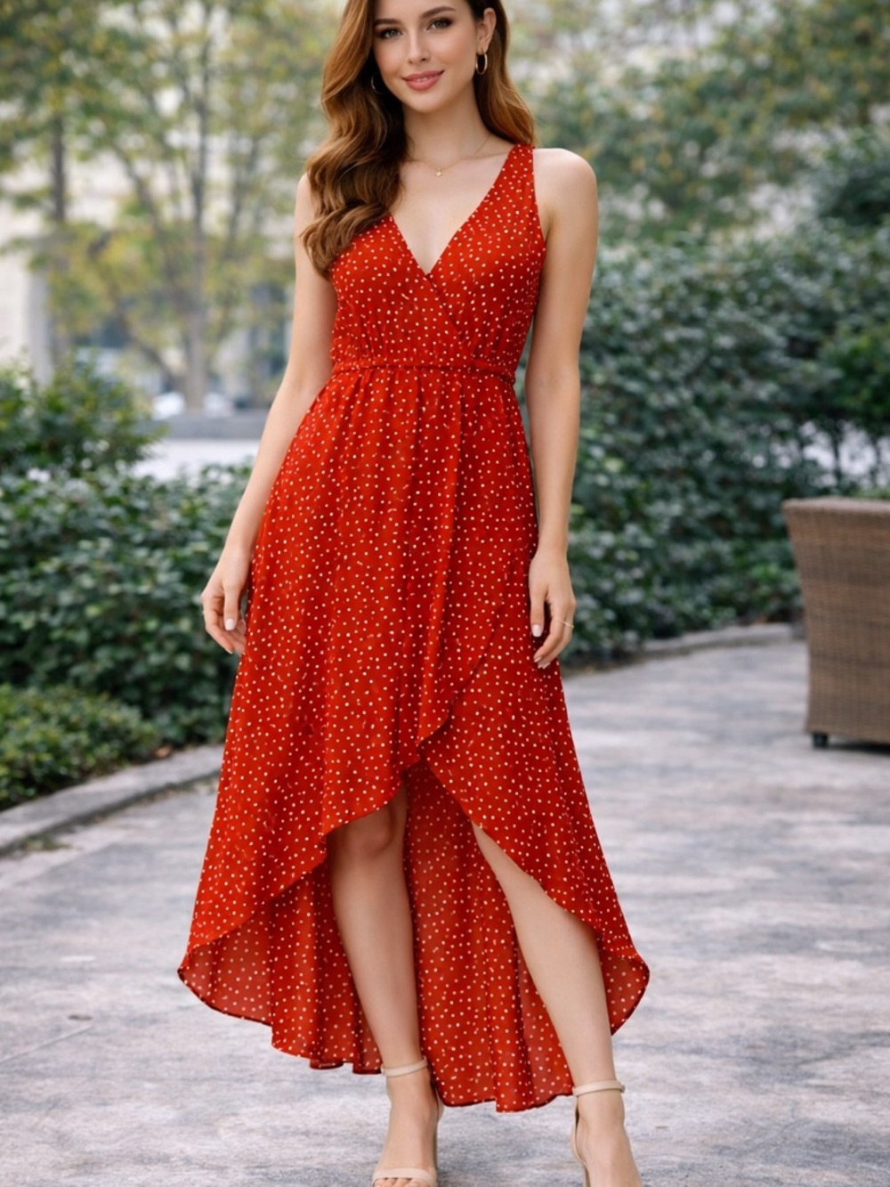 As U Wish Red Polka Dot Hi-Low Wrap Dress